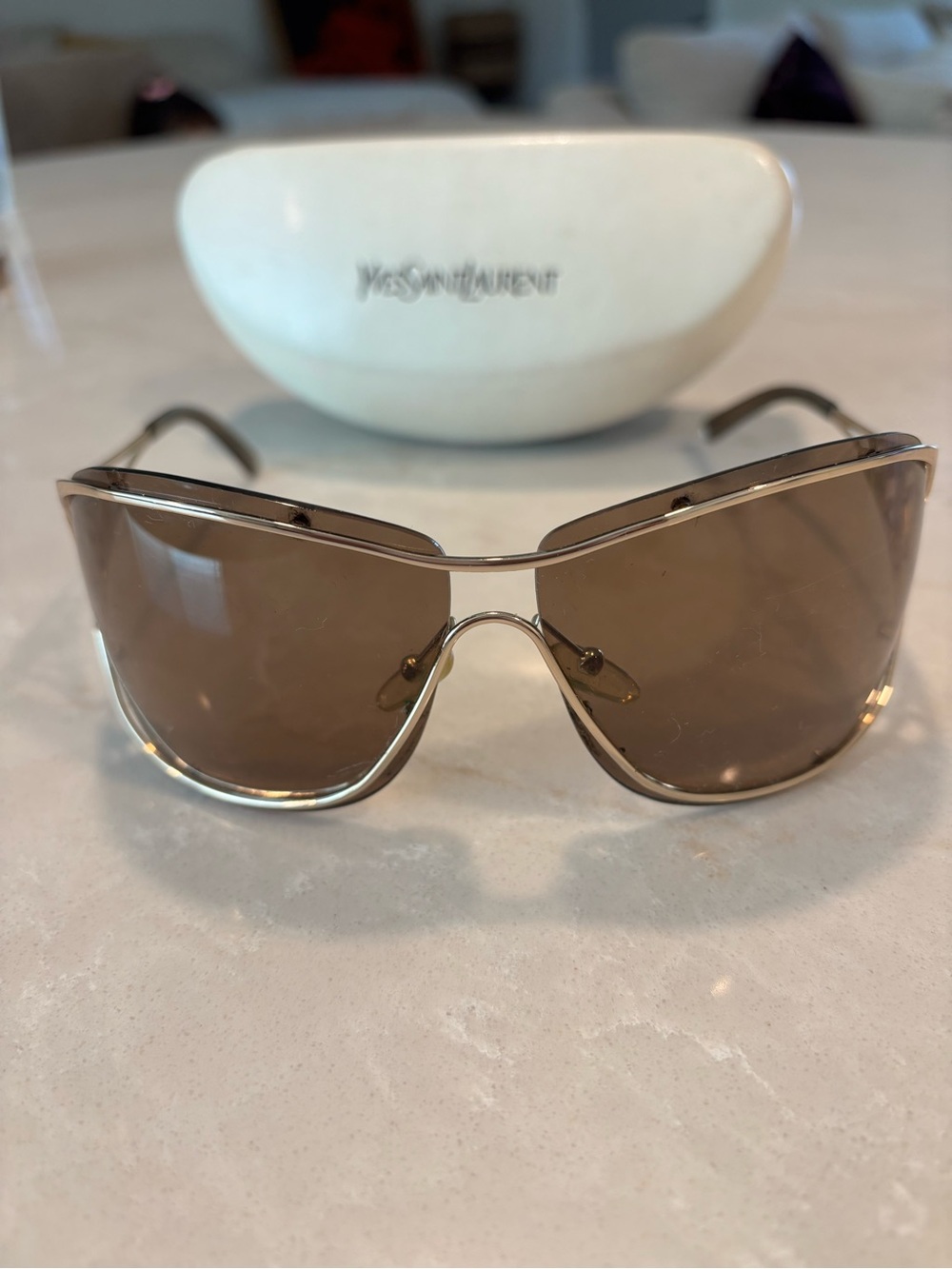 Yves Saint Laurent Gold Frame Brown Shield Sunglasses